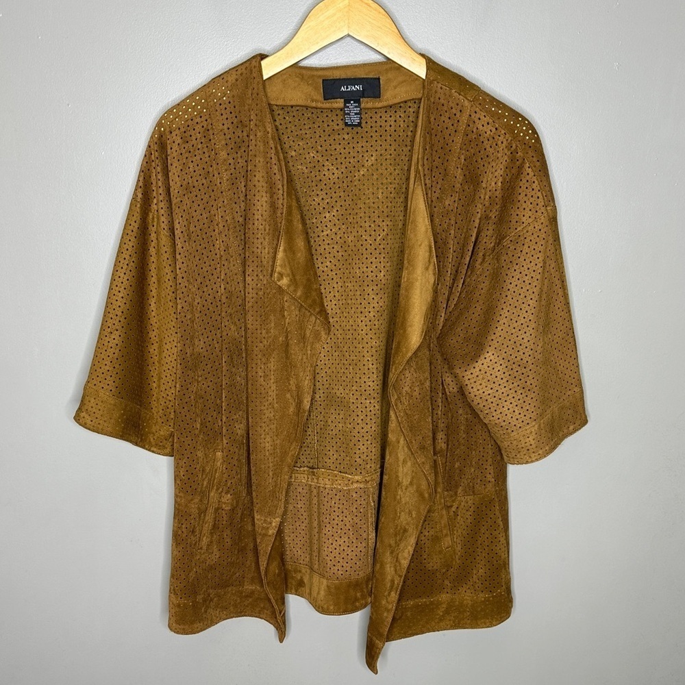 Alfani faux suede perforated open front jacket